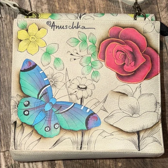 Anuschka Cream Crossbody Bag with Multicolor Butterfly & Floral Artwork - Picture 3 of 7